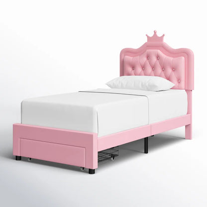 Largent Leather Upholstered Storage Bed with LED Lights and Crown Headboard, Kids Beds