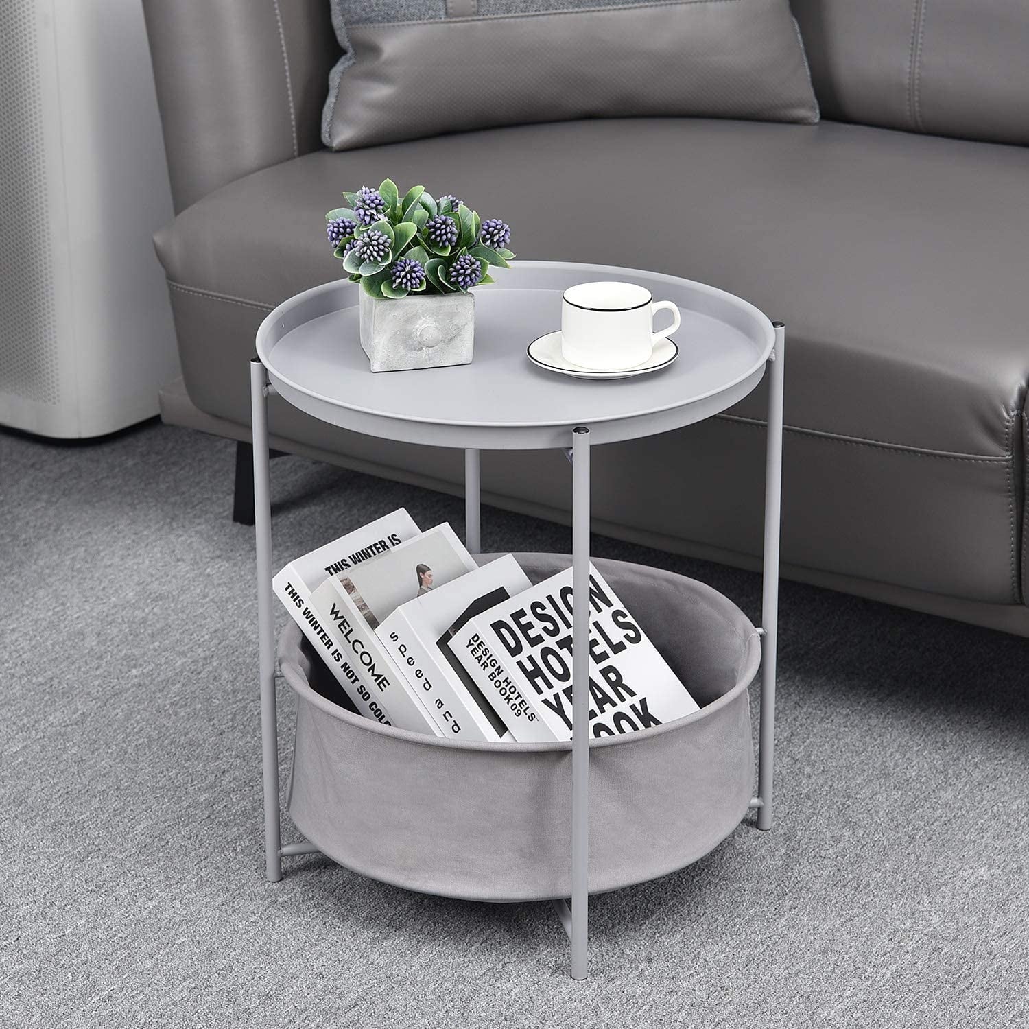 End Small Side Table with Storage Basket, Metal Sofa Side Table with Detachable Tray Top and Fabric Storage Basket for Living Room Bedroom (Light Grey)