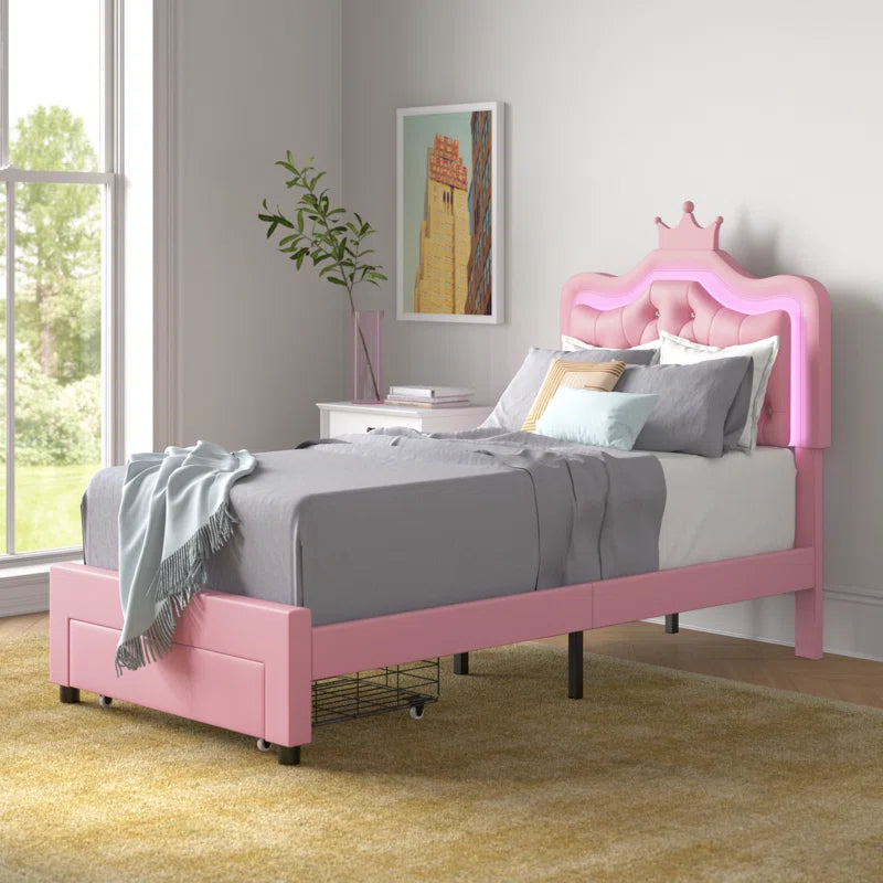 Largent Leather Upholstered Storage Bed with LED Lights and Crown Headboard, Kids Beds