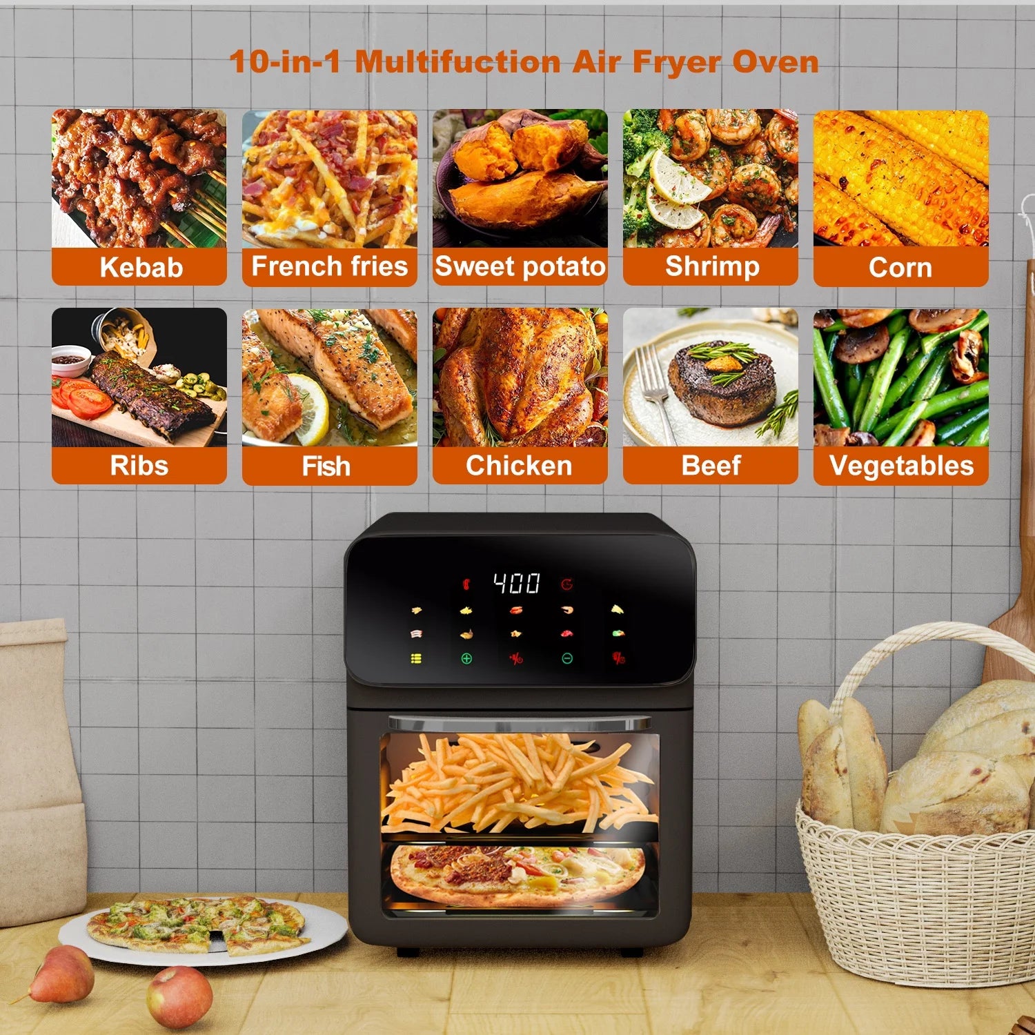 Air Fryer 12QT Convection Oven with 10-In-1 Multi Function, Visible Window and Touchscreen, Black