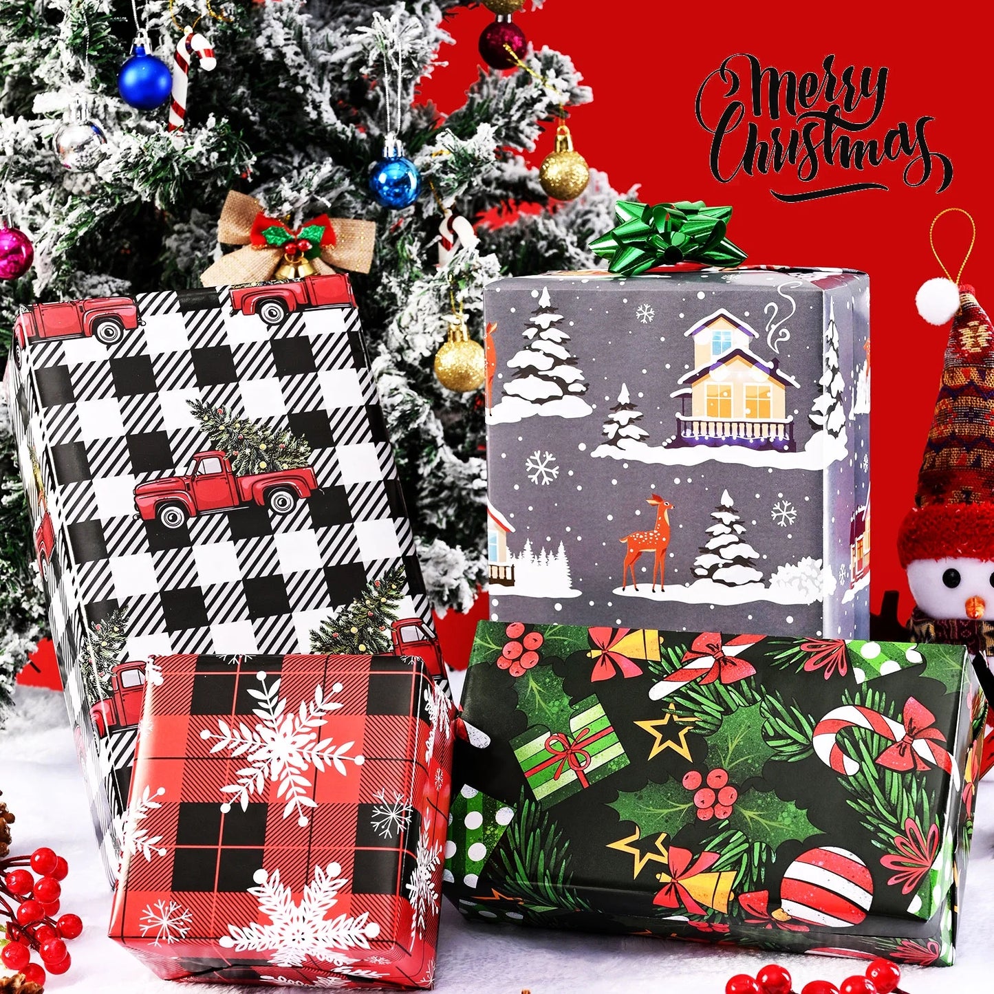 Christmas Wrapping Paper for Men Women Boys Girls Kids - 4 Styles Vintage Xmas Gift Wrap Paper for Birthday New Year Party - 8 Large Sheets, 27 X 37 Inch