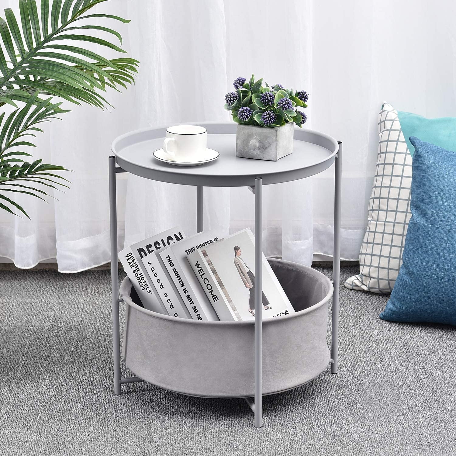 End Small Side Table with Storage Basket, Metal Sofa Side Table with Detachable Tray Top and Fabric Storage Basket for Living Room Bedroom (Light Grey)