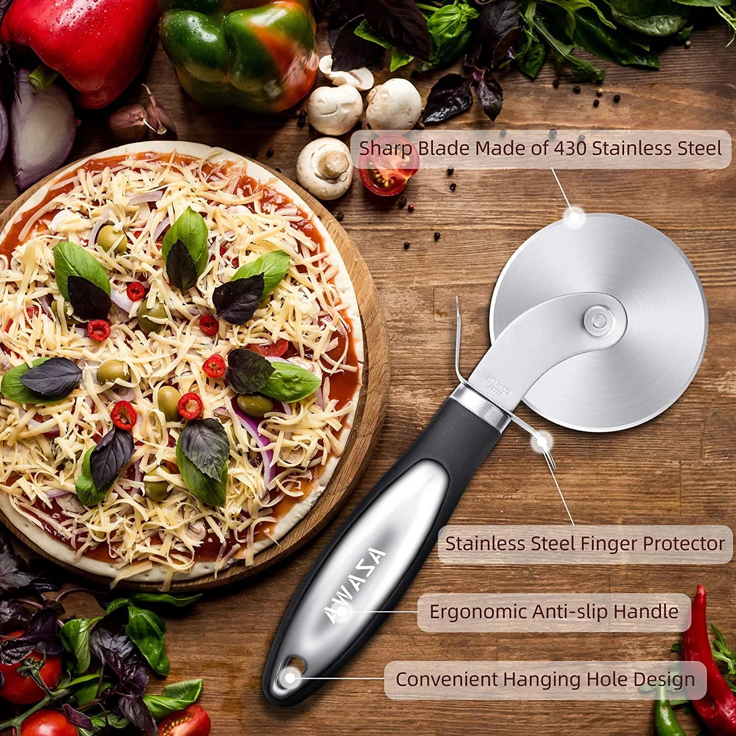 Pizza Cutter Wheel, Food Grade Stainless Steel Super Sharp Pizza Cutter, Heavy Duty Pizza Slicer Wheel Cutter with Non Slip Handle and Finger Protector