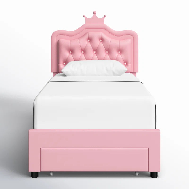 Largent Leather Upholstered Storage Bed with LED Lights and Crown Headboard, Kids Beds