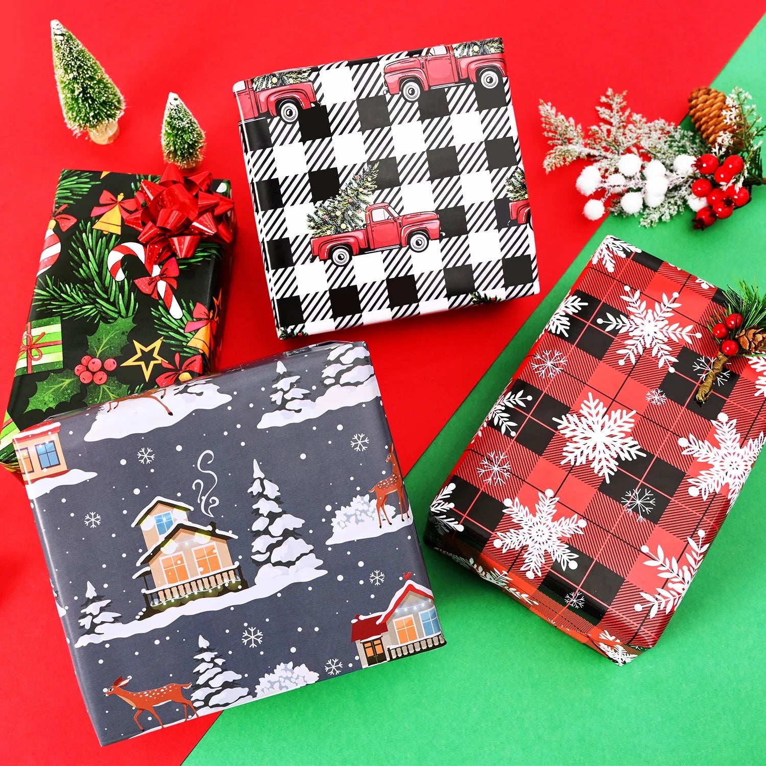 Christmas Wrapping Paper for Men Women Boys Girls Kids - 4 Styles Vintage Xmas Gift Wrap Paper for Birthday New Year Party - 8 Large Sheets, 27 X 37 Inch