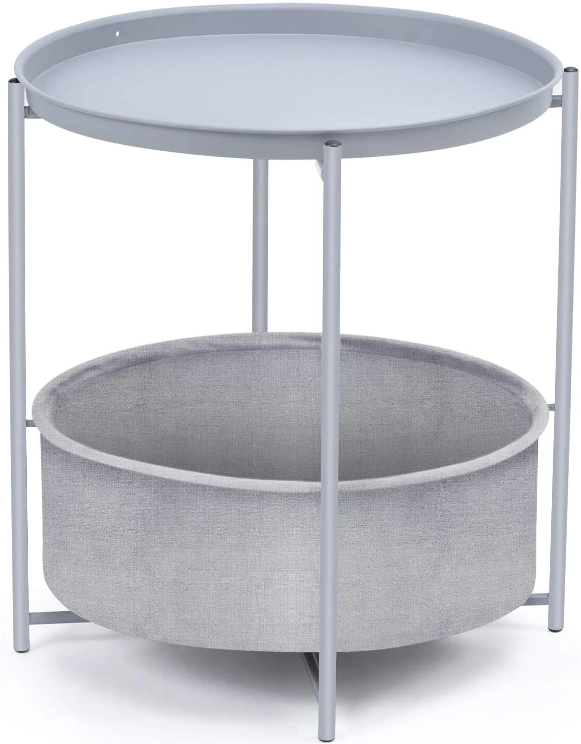 End Small Side Table with Storage Basket, Metal Sofa Side Table with Detachable Tray Top and Fabric Storage Basket for Living Room Bedroom (Light Grey)