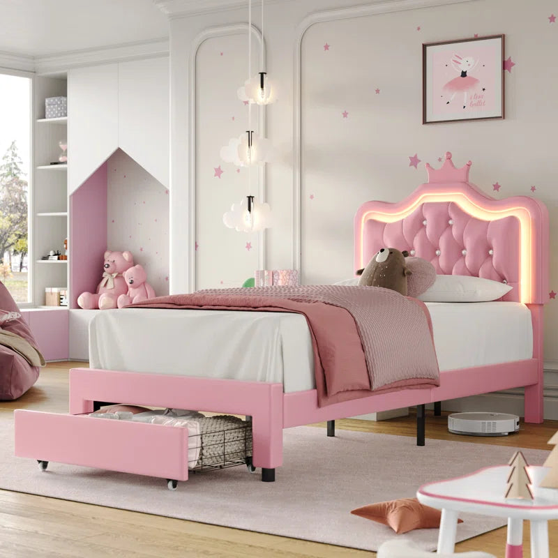 Largent Leather Upholstered Storage Bed with LED Lights and Crown Headboard, Kids Beds